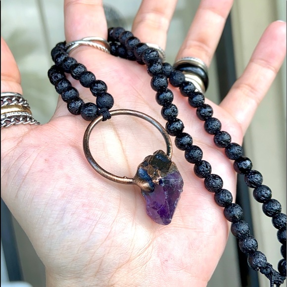 Genuine amethyst crystal stone bead lava necklace - Picture 8 of 16